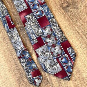 Oscar de la Renta Maroon Gray Patterned 100% Silk Tie
